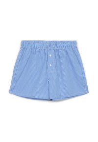 Boxer blu e bianchi a righe con elastico in vita, dotati di due bottoni davanti e un fit rilassato. Realizzati in morbido cotone.