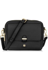 Czarna torebka crossbody z fakturowanej skóry z złotymi detalami. Posiada przednią klapę, zamek błyskawiczny i regulowany pasek. Kompaktowy prostokątny kształt.