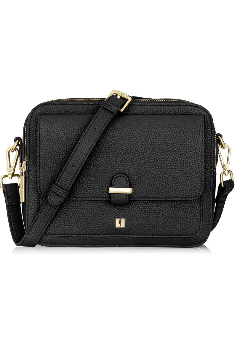 Czarna torebka crossbody z fakturowanej skóry z złotymi detalami. Posiada przednią klapę, zamek błyskawiczny i regulowany pasek. Kompaktowy prostokątny kształt.