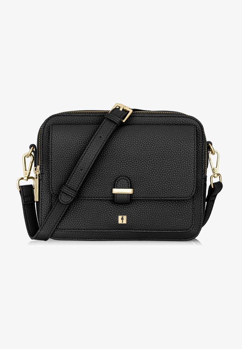 Czarna torebka crossbody z fakturowanej skóry z złotymi detalami. Posiada przednią klapę, zamek błyskawiczny i regulowany pasek. Kompaktowy prostokątny kształt.