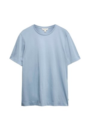 T-shirt en coton bleu clair à manches courtes avec un col rond, design uni et une petite étiquette à l'intérieur du col.