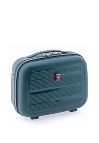 Funda de viaje de carcasa dura, de color verde oscuro, diseño rectangular con textura acanalada. Presenta cremalleras plateadas y un pequeño logotipo de la marca en la parte frontal.