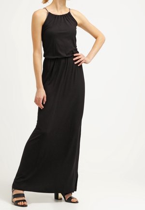 Czarna długa sukienka maxi z wiązaniem na szyi i marszczonym gorsetem, podkreślająca talię. Gładka tkanina o pełnej, luźno opadającej linii.