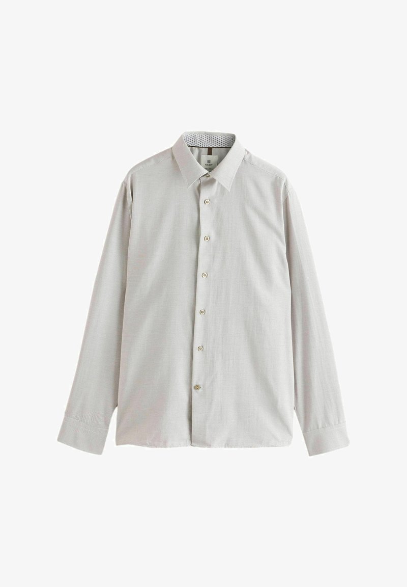 Jasnoszara koszula z długim rękawem, z delikatnym wzorem w kratkę, zapinana na guziki z kontrastowym wzorem wewnętrznego kołnierzyka.