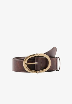 Brown leather belt with an oval brass buckle, featuring a smooth finish and stitching detail along the edges. Width is approximately medium.