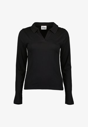 Schwarzes Langarmoberteil aus geripptem Material mit Kragen und V-Ausschnitt, gefittete Ärmel und gerader Saum.