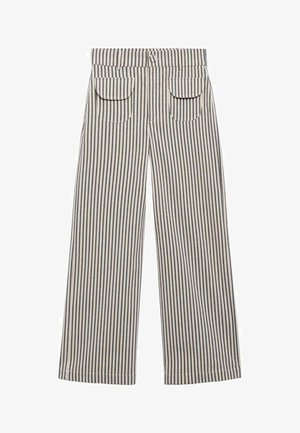 Beżowo-navy-striped szerokie spodnie o luźnym kroju, z dwiema przednimi kieszeniami, wykonane z miękkiego materiału o gładkiej fakturze.