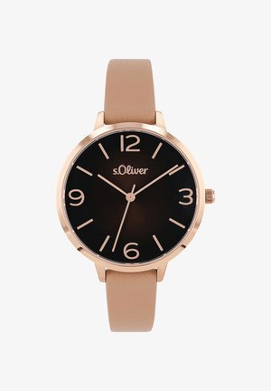 Rose gold watch with a black face, large rose gold numerals, and a beige leather strap. Features a simple, round design and a crown.