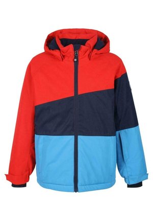 Chaqueta a bloques de color en rojo, azul marino y azul; cuenta con capucha, cierre frontal de cremallera y puños elásticos. Fabricada con un tejido texturizado y duradero.