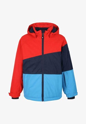 Kurtka w blokach kolorowych w czerwonym, granatowym i niebieskim kolorze; ma kaptur, zamek błyskawiczny z przodu oraz elastyczne mankiety. Wykonana z teksturowanej, trwałej tkaniny.