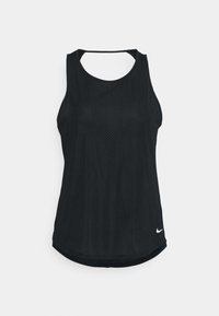 Czarny sportowy tank top z teksturowanej tkaniny, z dekoltem w serek i wycięciem racerback. Z przodu, przy dolnym brzegu, znajduje się niewielkie białe logo Nike.
