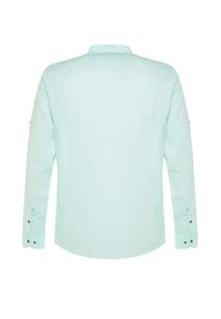 Camisetta mint green a maniche lunghe con una consistenza morbida, polsini con bottoni e colletto classico. Design minimalista, vista posteriore pulita.