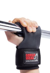 Black lifting straps with a padded hand grip, featuring a label that reads "GORILLA WEAR" in red and black. Holds a metal barbell.