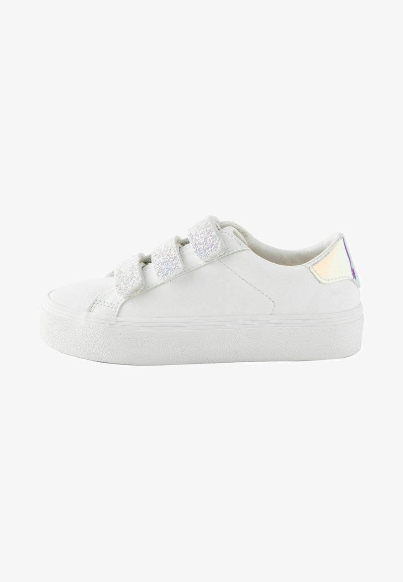 White sneakers with a smooth leather finish, three glittery Velcro straps, and a reflective accent on the heel. Elevated rubber sole.