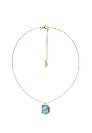 Delicata collana a catena d'oro con un ciondolo rettangolare in conchiglia di abalone iridescente blu-verde e una chiusura regolabile.