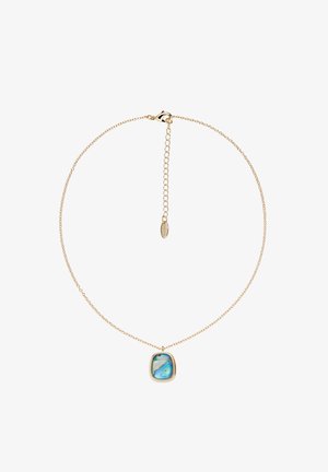 Delicata collana a catena d'oro con un ciondolo rettangolare in conchiglia di abalone iridescente blu-verde e una chiusura regolabile.