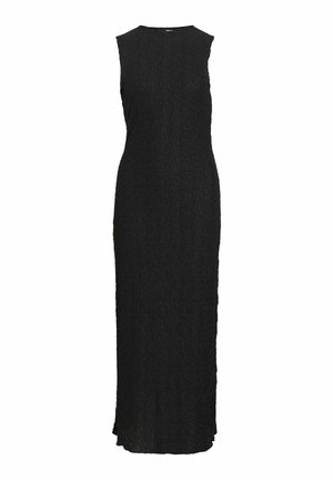 Juoda vienspalvė maxi suknelė be rankovių, tekstūruota su apvalia iškirpte ir aptakiu siluetu.