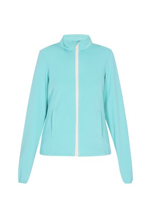 Gaiši zila zipa jaka, kas izgatavota no gludas auduma, ar stāvošu apkakli, garām piedurknēm un divām priekšējām kabatām.