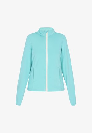 Hele sinine tõmblukuga jakk, mis on valmistatud sileda kangaga, millel on seisev kaelus, pikad varrukad ja kaks esikotid.