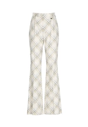 Pantaloni a vita alta e gamba larga con motivo a quadri diagonale beige e grigio e delicata texture marmorea, dotati di passanti per cintura e zip frontale.