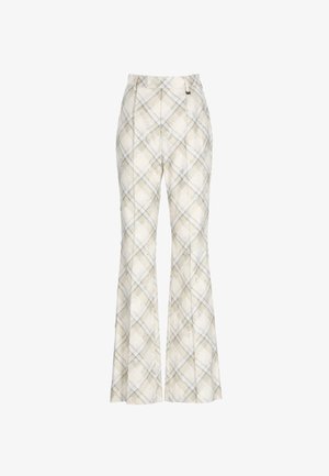 Pantaloni a vita alta e gamba larga con motivo a quadri diagonale beige e grigio e delicata texture marmorea, dotati di passanti per cintura e zip frontale.