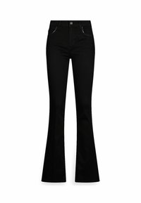 Jeans évasés en denim noir à taille haute, avec des surpiqûres contrastées et cinq poches. Texture lisse et design classique évasé.