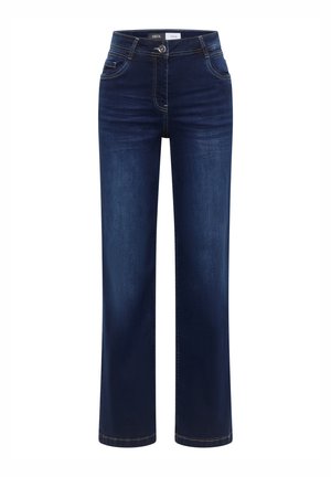 Donkerblauwe spijkerbroek met rechte pijpen, voorzien van een knoopsluiting aan de voorkant, subtiele stikdetails en voorzakken.