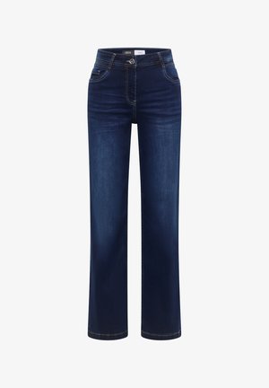 Tmavě modré džíny s přímým střihem nohavic, vybavené zapínáním na přední knoflík, jemnými detaily švů a předními kapsami.