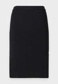 Jupe crayon noire en tissu extensible, avec une texture lisse et un design slim et droit, dotée d'une taille ajustée.