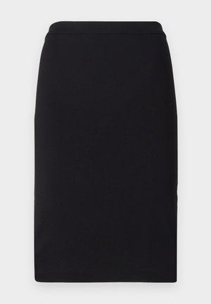 Melnā zīmuli svārki, kas izgatavoti no elastīga auduma, ar gludu tekstūru un slim, taisnu dizainu ar pieguļošu jostasvietu.