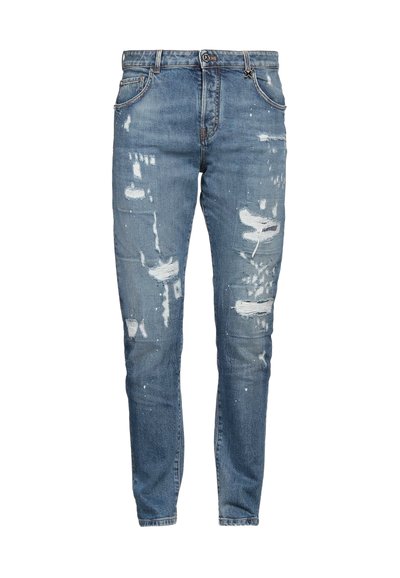 Jeans in denim blu sbiadito con toppe strappate, cuciture visibili e dettagli di schizzi di vernice. Design slim-fit con vita standard.