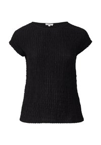 Zwarte getextureerde T-shirt met een ronde hals en korte mouwen. De stof heeft een golvend patroon, wat zorgt voor een tactiele uitstraling en een lichtgewicht gevoel.
