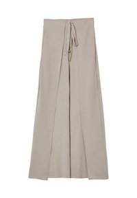 Pantaloni beige a gamba larga realizzati in tessuto morbido, con una vita annodata e spacco laterale, che consentono un movimento fluido e comfort.