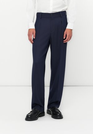 Navy blue formal trousers with a straight-leg fit, pleated front, belt loops, and a button closure. Fabric appears smooth and structured.