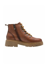 Bottes chevilles en cuir marron avec une finition texturée, œillets en métal et lacets jaunes contrastants. Elles comportent une fermeture éclair latérale et une semelle beige épaisse.