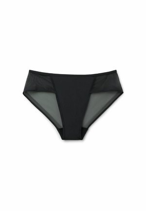 Sous-vêtements bikini noirs pour femmes avec panneau avant uni et panneaux latéraux en mesh transparent, présentés sur fond blanc.
