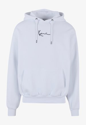 Valge kapuutsiga sweatshirt, mis on valmistatud puuvillast. Omab esist taskut, elastseid varrukaid ja musta embroiditud logo rinnal.
