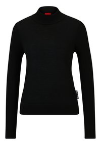 Pull noir à col roulé fabriqué en tissu côtelé. Présente des manches longues et un accent de poche latérale. Texture lisse et design ajusté.