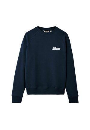 Marineblauwe crewneck sweatshirt met lange mouwen en een wit "Ellesse" logo op de linkerborst tegen een witte achtergrond.