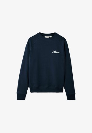Marineblauwe crewneck sweatshirt met lange mouwen en een wit "Ellesse" logo op de linkerborst tegen een witte achtergrond.