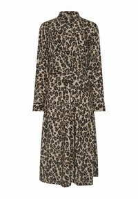 Abito lungo a maniche lunghe con stampa leopardata in beige e nero, caratterizzato da una chiusura con bottoni sul davanti, colletto e una cintura in vita annodata.