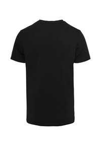 Black cotton t-shirt with short sleeves, crew neck, and a smooth texture. Simple design, no visible patterns or accents. Back view.