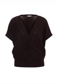 Donkerpaarse gebreide trui met een diepe V-hals, korte mouwen en een gestructureerd patroon met een aansluitende tailleband.