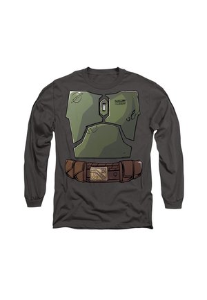 Langärmliges T-Shirt in Anthrazitgrau mit einem grünen bedruckten Brustmotiv in Rüstung und einem Design eines braunen Utility-Gürtels mit Details an der Schnalle.