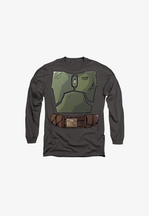 Langärmliges T-Shirt in Anthrazitgrau mit einem grünen bedruckten Brustmotiv in Rüstung und einem Design eines braunen Utility-Gürtels mit Details an der Schnalle.