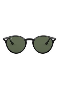 Occhiali da sole neri rotondi con lenti verdi, dotati di un design a doppio ponte e logo sulla parte superiore sinistra della lente, che mettono in mostra una montatura elegante.