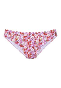 Bas de bikini à motifs floraux présentant une impression de fleurs rouges, roses et blanches sur un fond violet clair ; détail de taille scallopée.