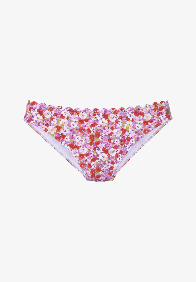 Blumen-Bikini-Höschen mit einem Druck aus roten, rosa und weißen Blumen auf einem helllila Hintergrund; gewellter Taillenabschluss.
