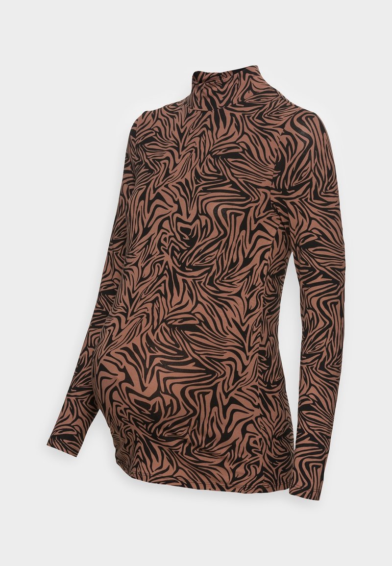 Langærmet top i brun med sort abstrakt zebra mønster. Har høj hals og elastisk stof, designet til en tætsiddende graviditetsstil.