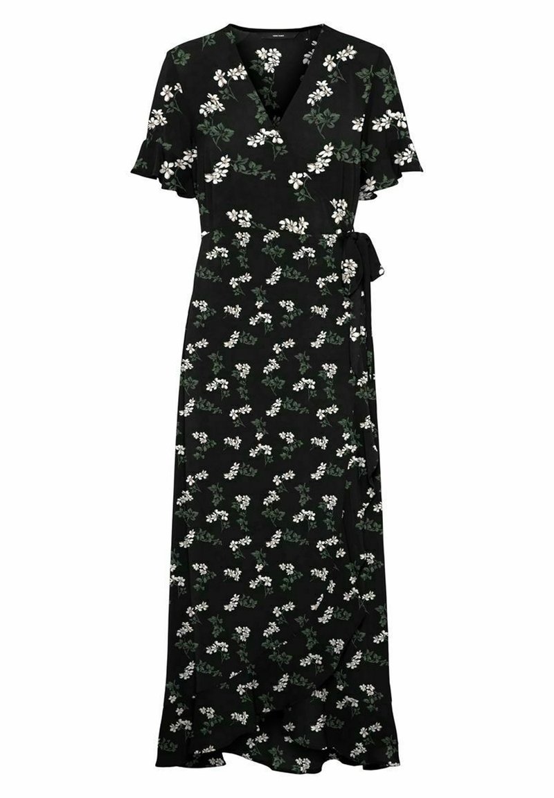 Czarna sukienka w kwiaty z krótkimi falbaniastymi rękawami, głębokim dekoltem w serek i wiązaniem w talii. Białe kwiaty i zielone liście tworzą wzór.